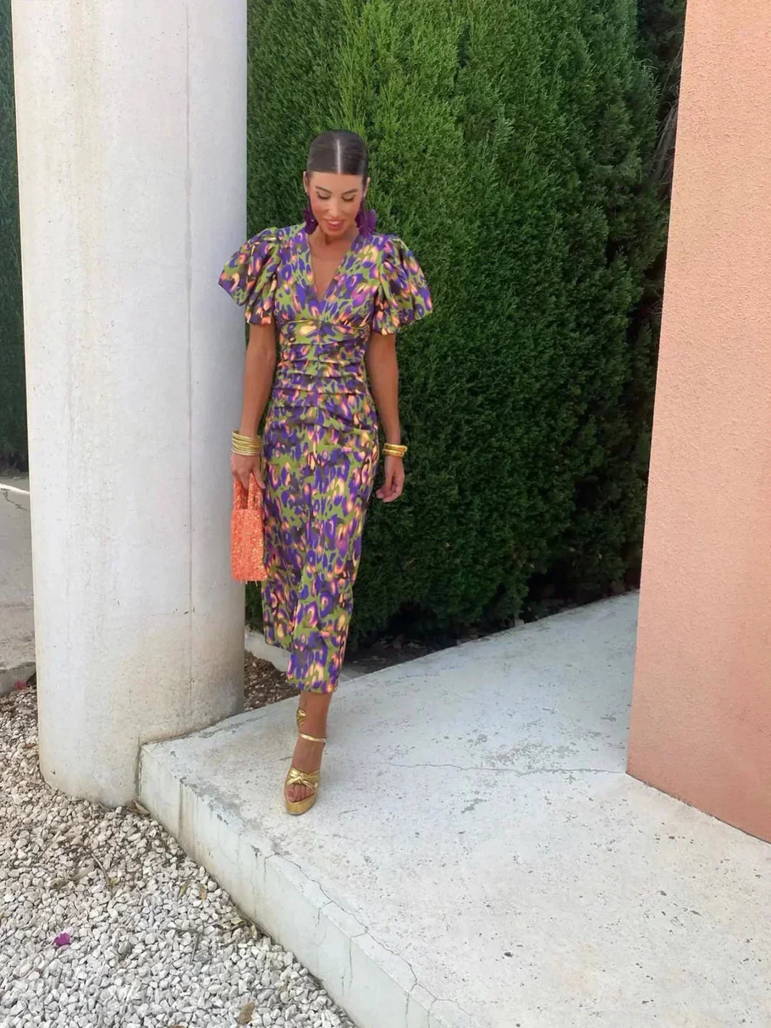 Arielle™ | Colourful Midi Dress with Pleated Sleeves